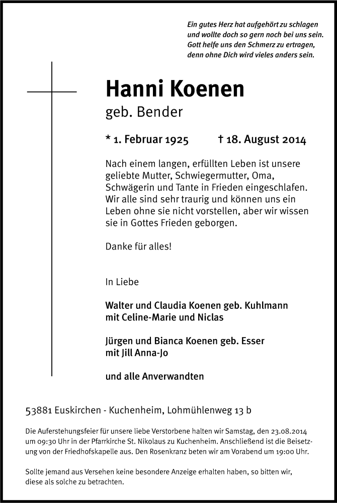 Traueranzeige für Hanni Koenen vom 20.08.2014 aus Kölner Stadt-Anzeiger / Kölnische Rundschau / Express