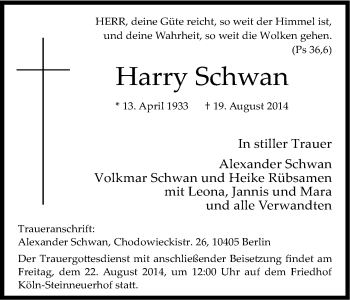 Anzeige von Harry Schwan von Kölner Stadt-Anzeiger / Kölnische Rundschau / Express
