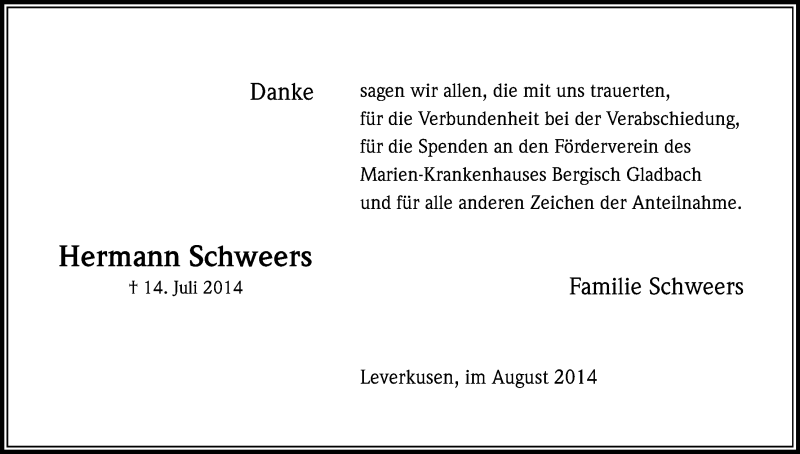  Traueranzeige für Hermann Schweers vom 23.08.2014 aus Kölner Stadt-Anzeiger / Kölnische Rundschau / Express