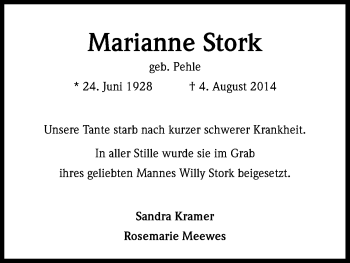 Anzeige von Marianne Stork von Kölner Stadt-Anzeiger / Kölnische Rundschau / Express