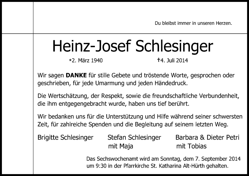 Traueranzeige für Heinz-Josef SChlesinger vom 30.08.2014 aus Kölner Stadt-Anzeiger / Kölnische Rundschau / Express