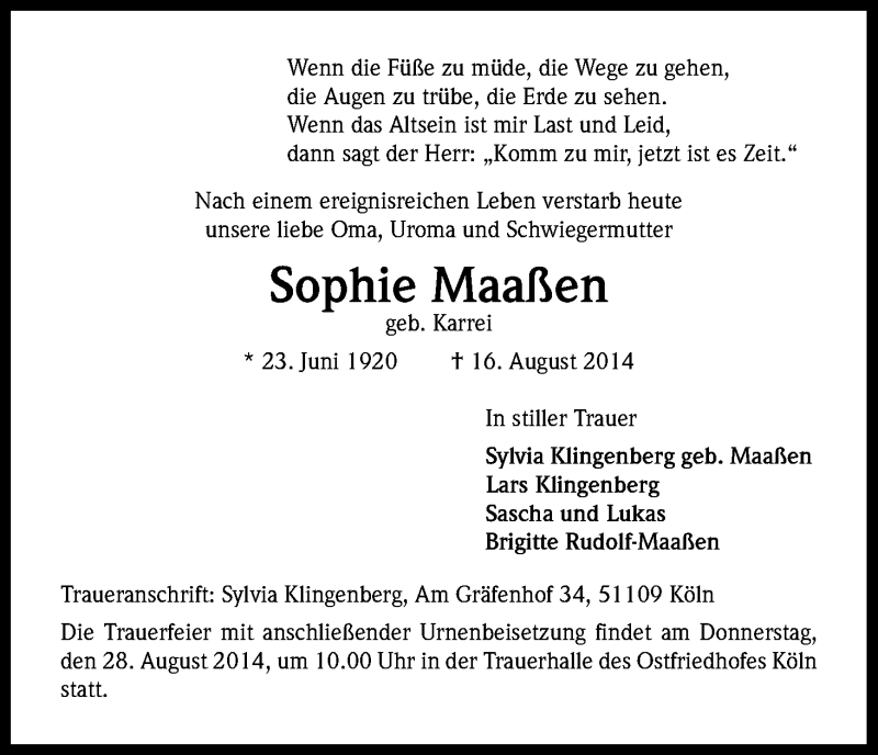  Traueranzeige für Sophie Maaßen vom 23.08.2014 aus Kölner Stadt-Anzeiger / Kölnische Rundschau / Express