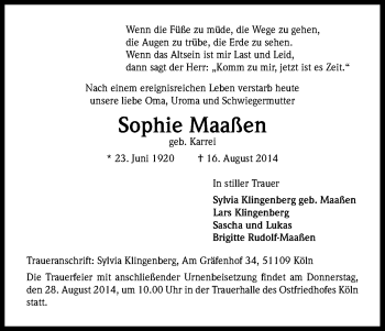 Anzeige von Sophie Maaßen von Kölner Stadt-Anzeiger / Kölnische Rundschau / Express