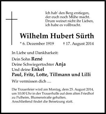 Anzeige von Wilhelm Hubert Sürth von Kölner Stadt-Anzeiger / Kölnische Rundschau / Express