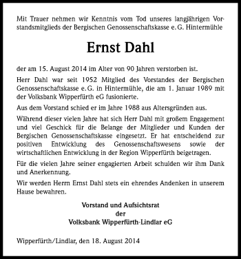 Anzeige von Ernst Dahl von Kölner Stadt-Anzeiger / Kölnische Rundschau / Express