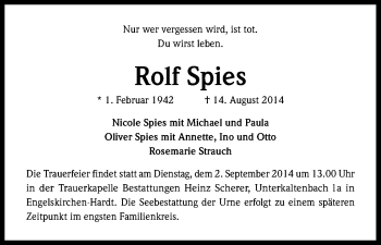 Anzeige von Rolf Spies von Kölner Stadt-Anzeiger / Kölnische Rundschau / Express