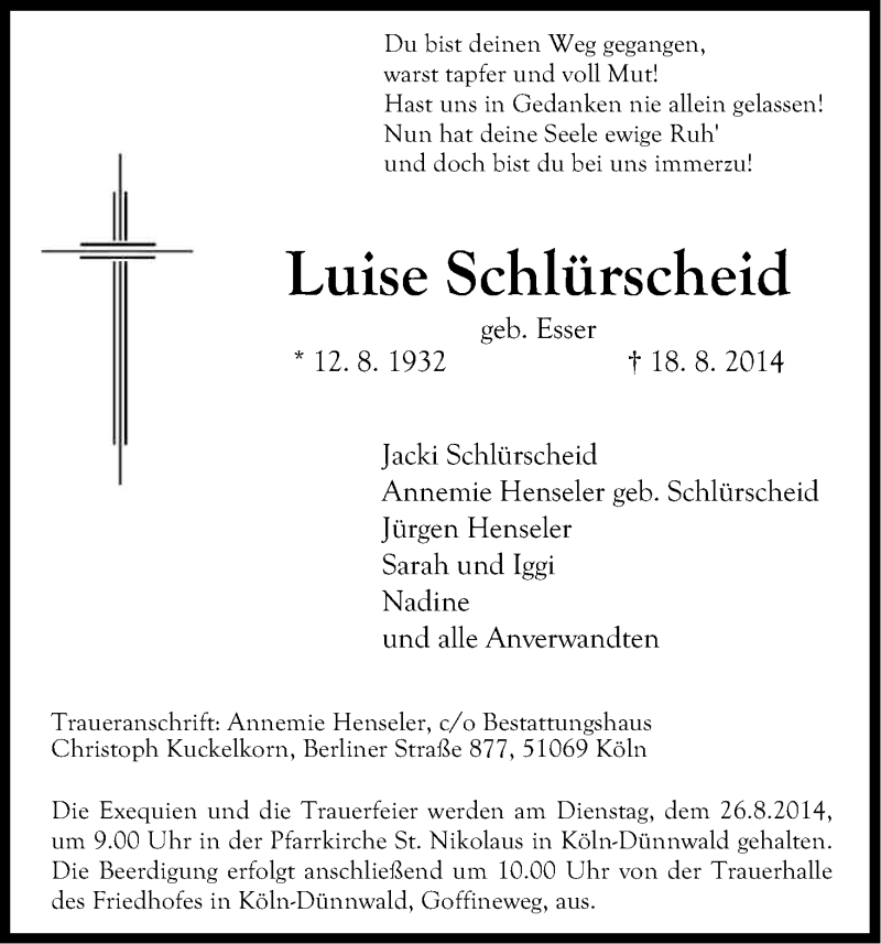  Traueranzeige für Luise Schlürscheid vom 21.08.2014 aus Kölner Stadt-Anzeiger / Kölnische Rundschau / Express