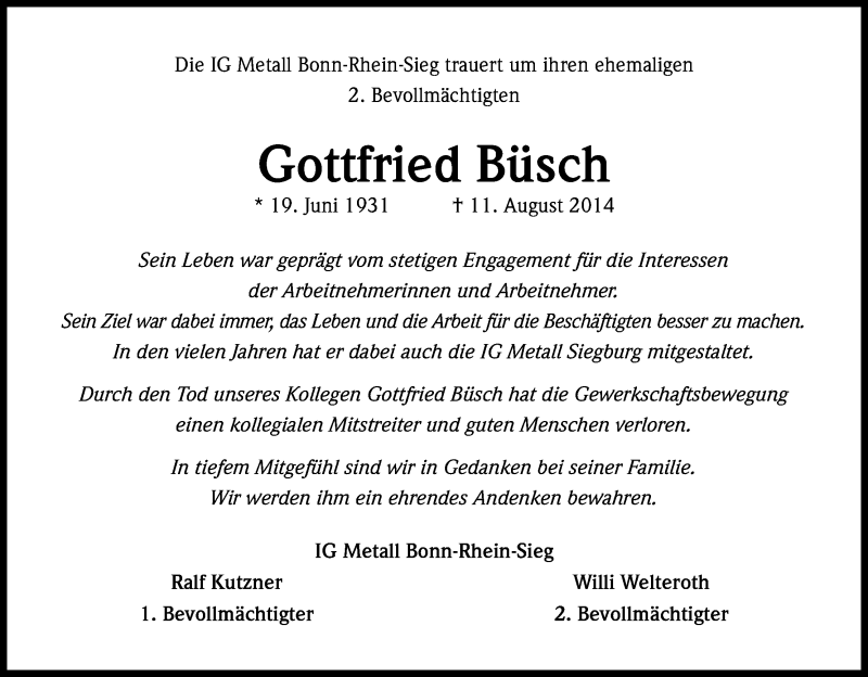  Traueranzeige für Gottfried Büsch vom 21.08.2014 aus Kölner Stadt-Anzeiger / Kölnische Rundschau / Express