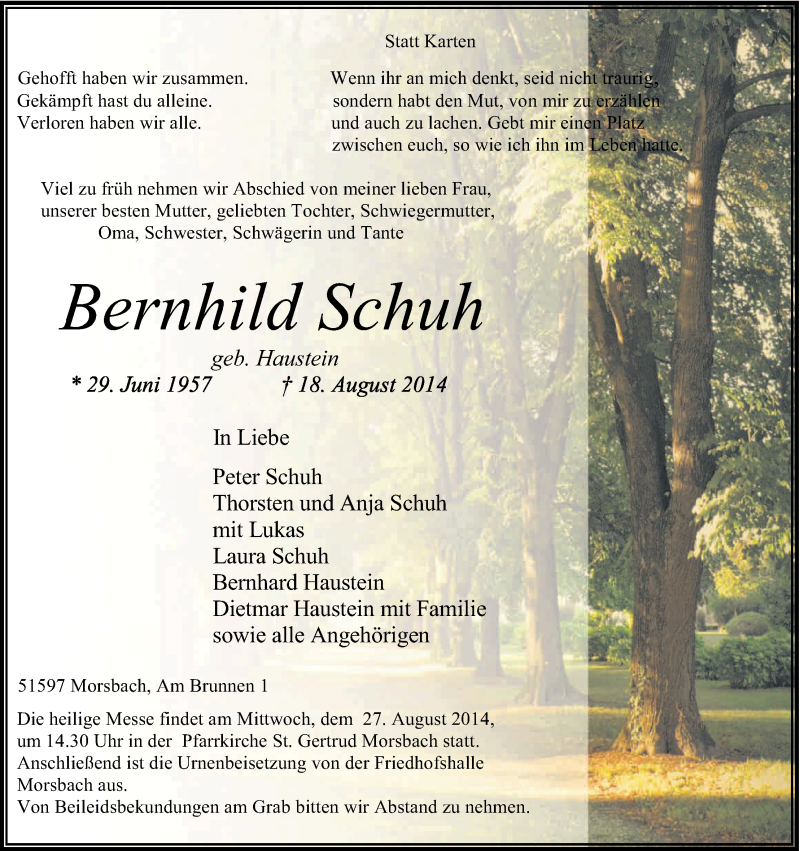  Traueranzeige für Bernhild Schuh vom 21.08.2014 aus Kölner Stadt-Anzeiger / Kölnische Rundschau / Express
