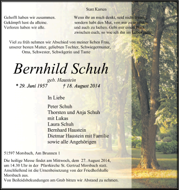 Anzeige von Bernhild Schuh von Kölner Stadt-Anzeiger / Kölnische Rundschau / Express