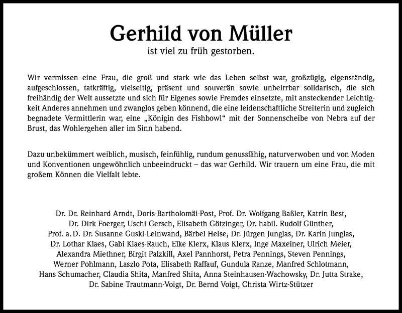  Traueranzeige für Gerhild von Müller vom 23.08.2014 aus Kölner Stadt-Anzeiger / Kölnische Rundschau / Express