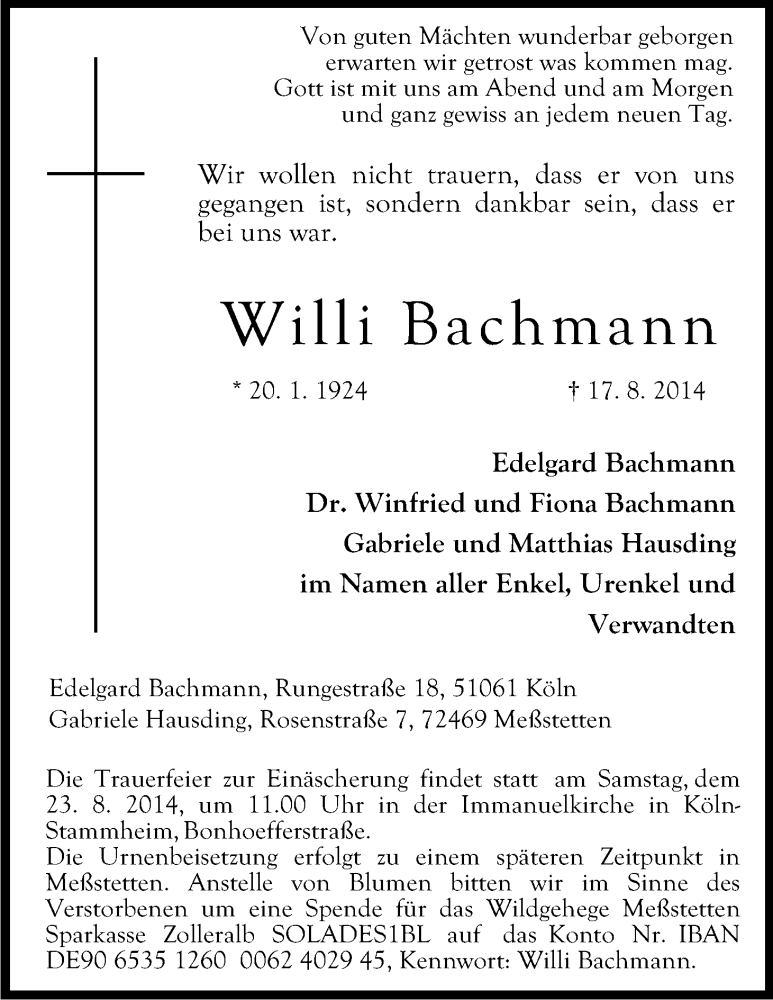  Traueranzeige für Willi Bachmann vom 21.08.2014 aus Kölner Stadt-Anzeiger / Kölnische Rundschau / Express