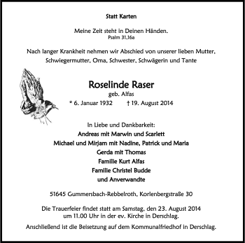 Anzeige von Roselinde Raser von Kölner Stadt-Anzeiger / Kölnische Rundschau / Express