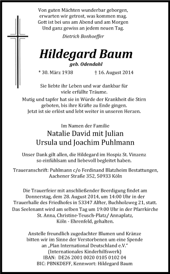 Anzeige von Hildegard Baum von Kölner Stadt-Anzeiger / Kölnische Rundschau / Express