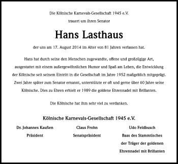 Anzeige von Hans Lasthaus von Kölner Stadt-Anzeiger / Kölnische Rundschau / Express