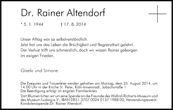 Anzeige von Rainer Altendorf von Kölner Stadt-Anzeiger / Kölnische Rundschau / Express