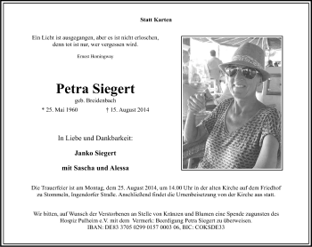 Anzeige von Petra Siegert von Kölner Stadt-Anzeiger / Kölnische Rundschau / Express