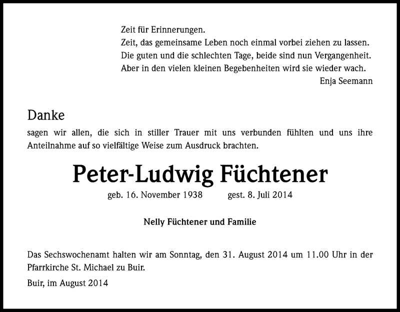  Traueranzeige für Peter-Ludwig Füchtener vom 23.08.2014 aus Kölner Stadt-Anzeiger / Kölnische Rundschau / Express