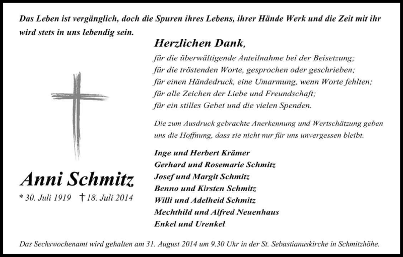  Traueranzeige für Anni Schmitz vom 23.08.2014 aus Kölner Stadt-Anzeiger / Kölnische Rundschau / Express
