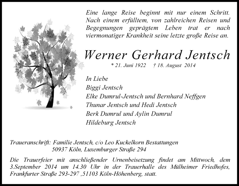 Traueranzeige für Werner Gerhard Jentsch vom 23.08.2014 aus Kölner Stadt-Anzeiger / Kölnische Rundschau / Express