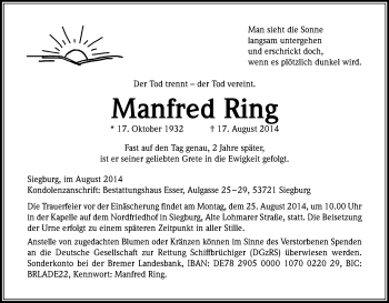 Anzeige von Manfred Ring von Kölner Stadt-Anzeiger / Kölnische Rundschau / Express