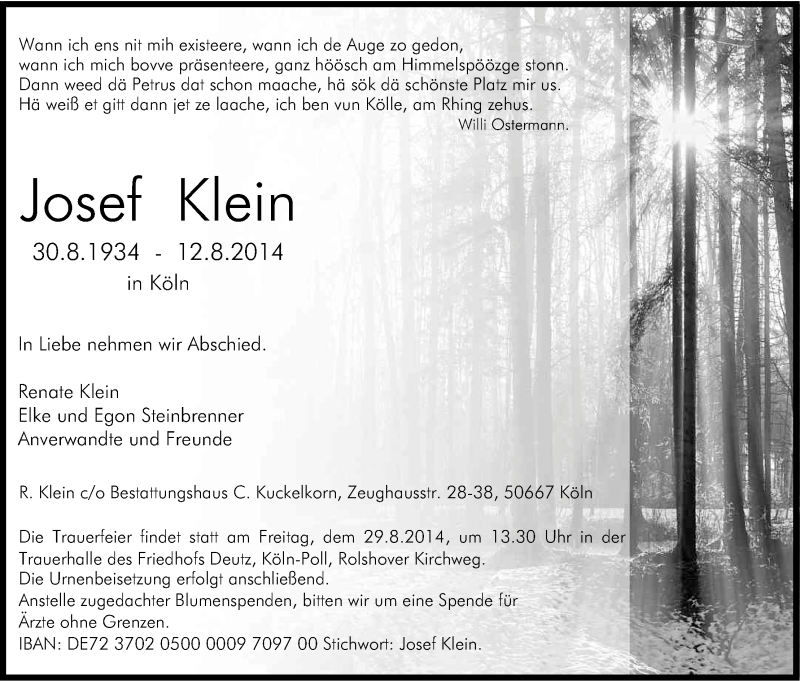  Traueranzeige für Josef Klein vom 23.08.2014 aus Kölner Stadt-Anzeiger / Kölnische Rundschau / Express