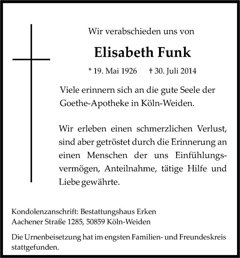  Traueranzeige für Elisabeth Funk vom 23.08.2014 aus Kölner Stadt-Anzeiger / Kölnische Rundschau / Express