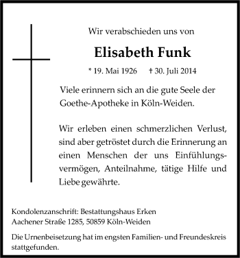 Anzeige von Elisabeth Funk von Kölner Stadt-Anzeiger / Kölnische Rundschau / Express