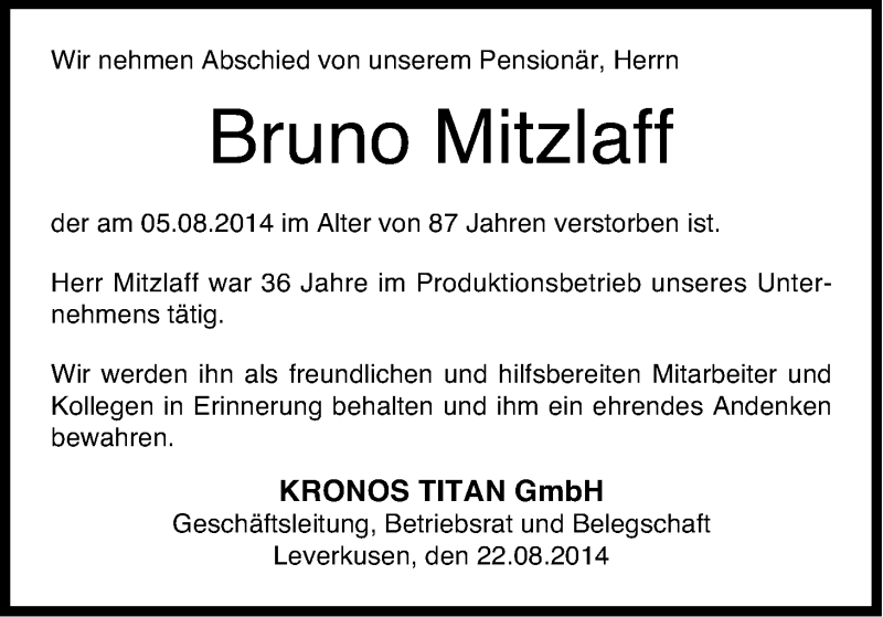  Traueranzeige für Bruno Mitzlaff vom 21.08.2014 aus Kölner Stadt-Anzeiger / Kölnische Rundschau / Express
