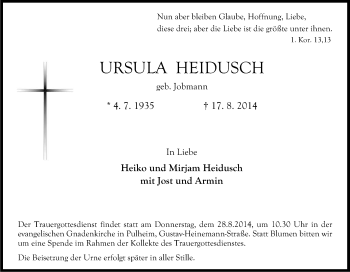 Anzeige von Ursula Heidusch von Kölner Stadt-Anzeiger / Kölnische Rundschau / Express