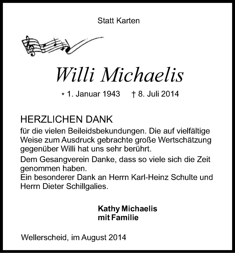 Traueranzeige für Willi Michaelis vom 22.08.2014 aus Kölner Stadt-Anzeiger / Kölnische Rundschau / Express