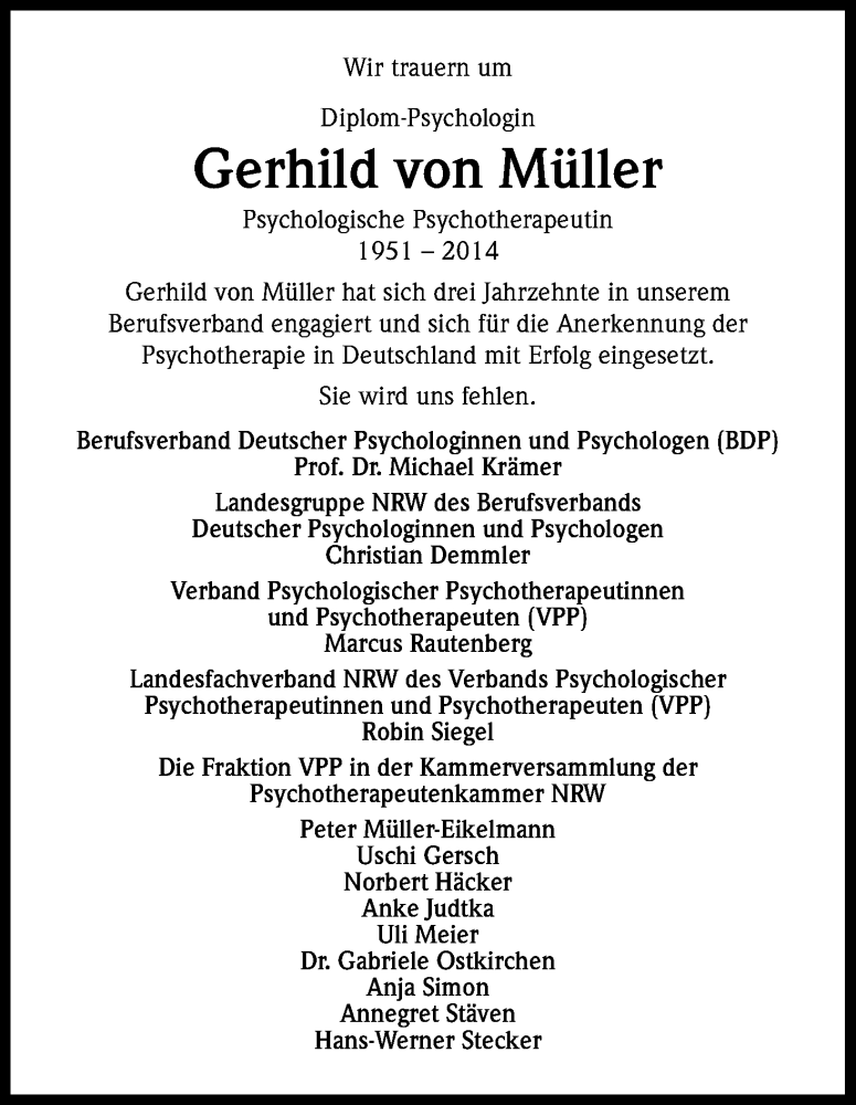  Traueranzeige für Gerhild von Müller vom 23.08.2014 aus Kölner Stadt-Anzeiger / Kölnische Rundschau / Express