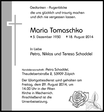 Anzeige von Maria Tomaschko von Kölner Stadt-Anzeiger / Kölnische Rundschau / Express
