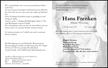 Anzeige von Hans Frenken von Kölner Stadt-Anzeiger / Kölnische Rundschau / Express