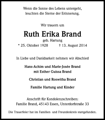 Anzeige von Ruth Erika Brand von Kölner Stadt-Anzeiger / Kölnische Rundschau / Express