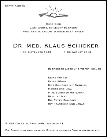 Anzeige von Klaus. Schicker von Kölner Stadt-Anzeiger / Kölnische Rundschau / Express