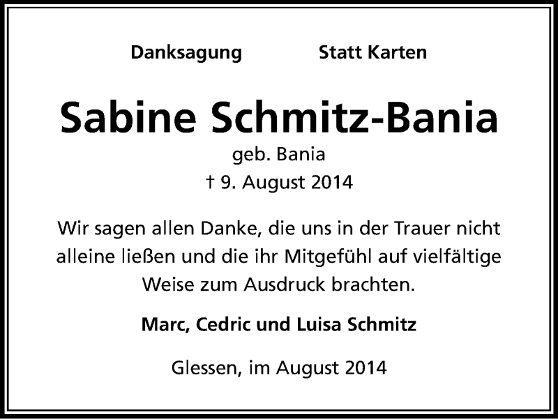  Traueranzeige für Sabine Schmitz-Bania vom 23.08.2014 aus Kölner Stadt-Anzeiger / Kölnische Rundschau / Express