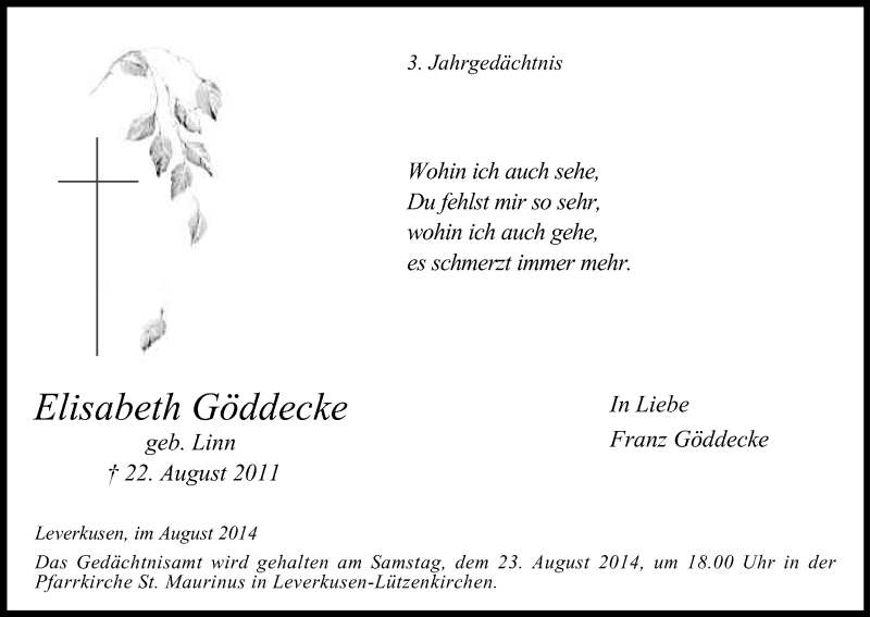  Traueranzeige für Elisabeth Göddecke vom 23.08.2014 aus Kölner Stadt-Anzeiger / Kölnische Rundschau / Express