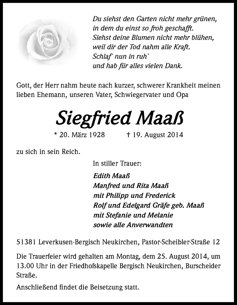  Traueranzeige für Siegfried Maaß vom 21.08.2014 aus Kölner Stadt-Anzeiger / Kölnische Rundschau / Express