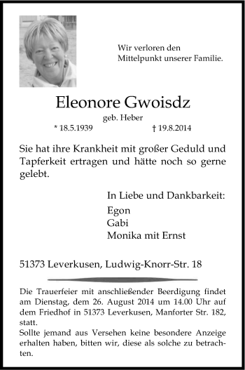 Anzeige von Eleonore Gwoisdz von Kölner Stadt-Anzeiger / Kölnische Rundschau / Express