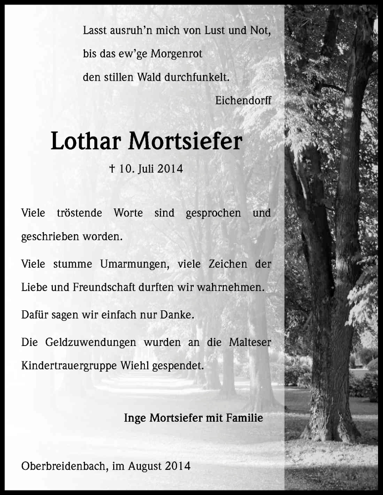  Traueranzeige für Lothar Mortsiefer vom 23.08.2014 aus Kölner Stadt-Anzeiger / Kölnische Rundschau / Express