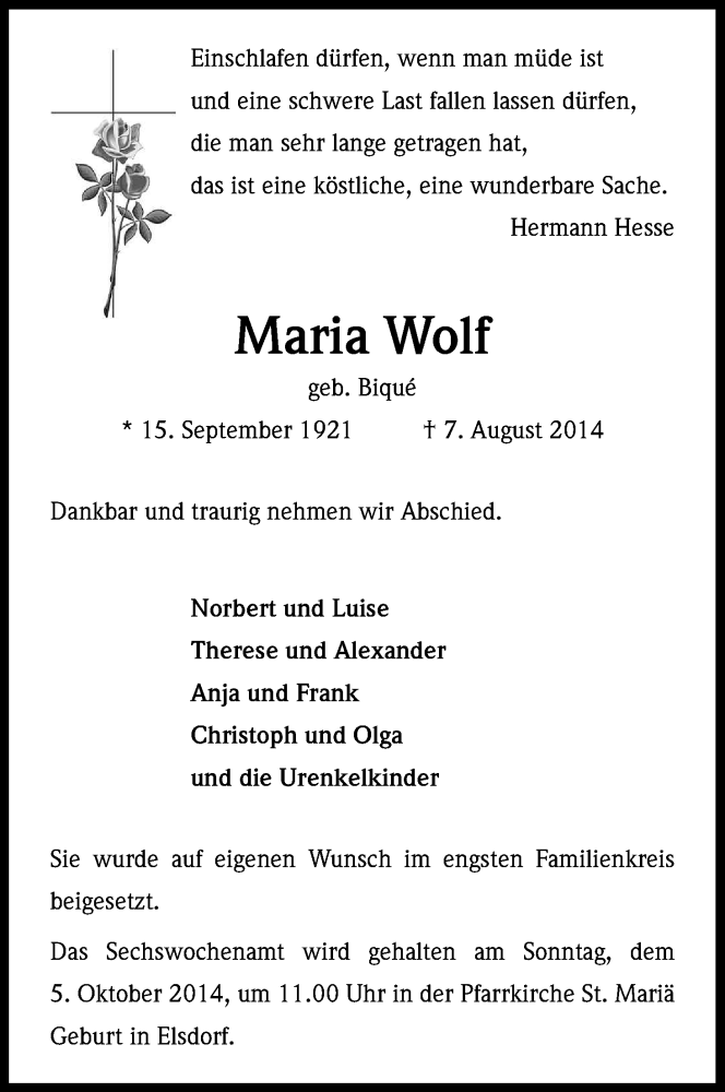  Traueranzeige für Maria Wolf vom 22.08.2014 aus Kölner Stadt-Anzeiger / Kölnische Rundschau / Express