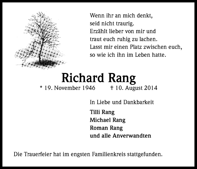  Traueranzeige für Richard Rang vom 23.08.2014 aus Kölner Stadt-Anzeiger / Kölnische Rundschau / Express