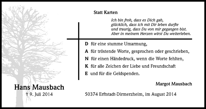  Traueranzeige für Hans Mausbach vom 27.08.2014 aus Kölner Stadt-Anzeiger / Kölnische Rundschau / Express