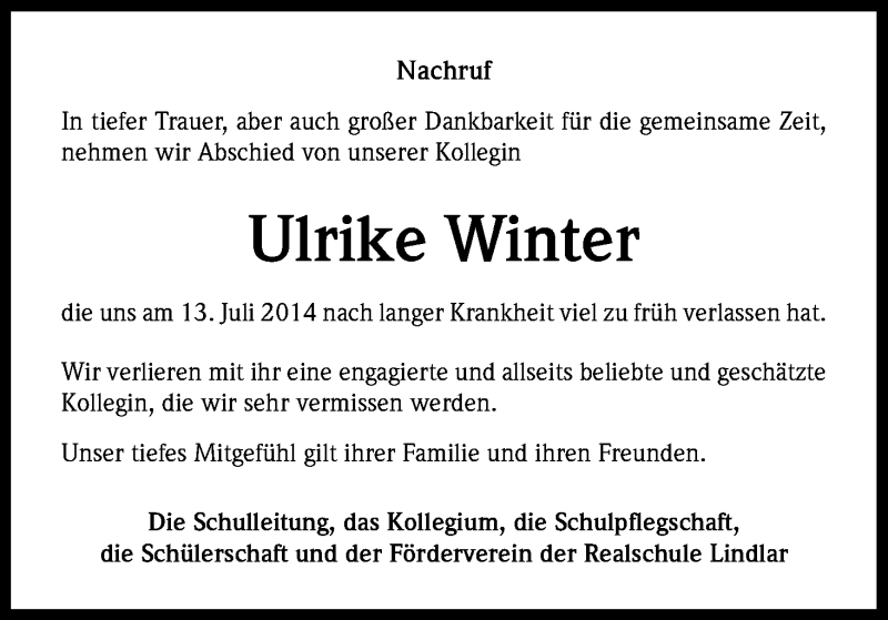 Traueranzeige für Ulrike Winter vom 23.08.2014 aus Kölner Stadt-Anzeiger / Kölnische Rundschau / Express