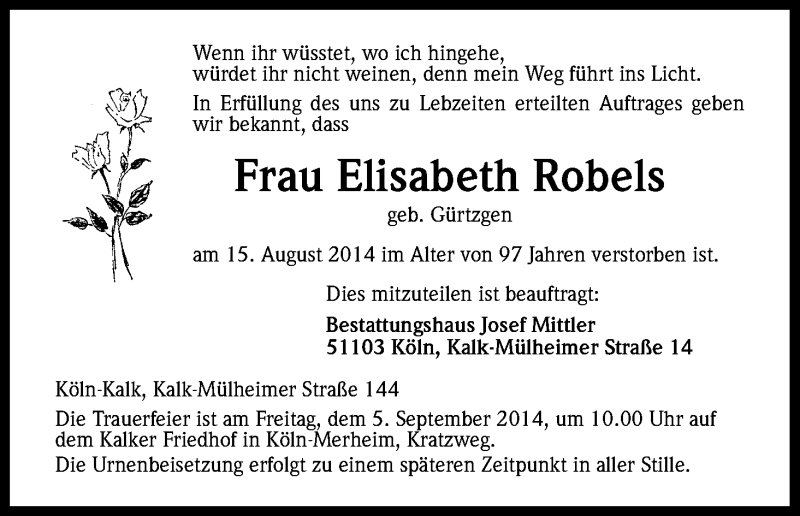  Traueranzeige für Elisabeth Robels vom 23.08.2014 aus Kölner Stadt-Anzeiger / Kölnische Rundschau / Express