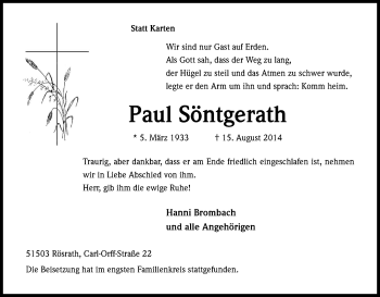 Anzeige von Paul Söntgerath von Kölner Stadt-Anzeiger / Kölnische Rundschau / Express