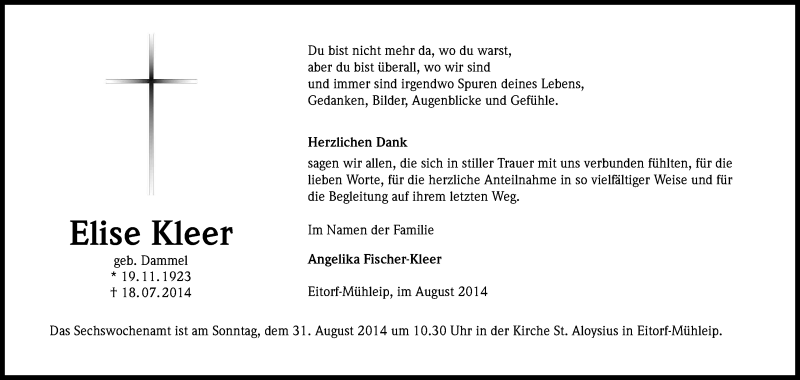  Traueranzeige für Elise Kleer vom 22.08.2014 aus Kölner Stadt-Anzeiger / Kölnische Rundschau / Express