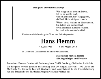 Anzeige von Hans Flemm von Kölner Stadt-Anzeiger / Kölnische Rundschau / Express