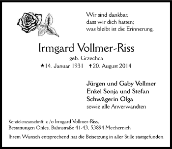 Anzeige von Irmgard Vollmer-Riss von Kölner Stadt-Anzeiger / Kölnische Rundschau / Express